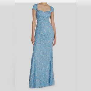 Theia Women's Blue Floral Sequin Sweetheart Cap-Sleeve Gown Dress Size 4 NWT